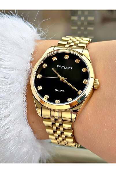 Ferrucci Çelik Kordon 3 ATM Suya Dayanıklı Altın-Siyah Renk Kadın Kol Saati