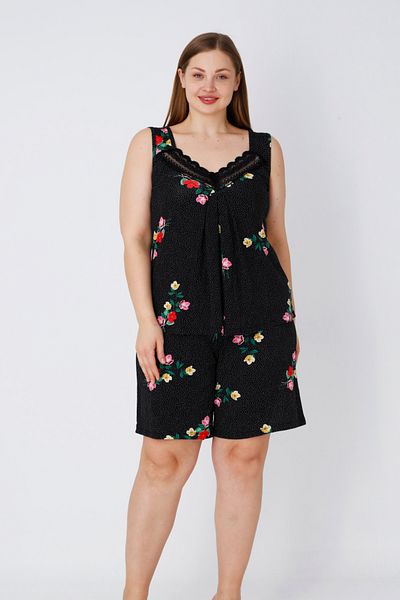 İntensive Women's Black Lace Polka Dot Floral Patterned Lycra Strap Large Size Bottom Top Nightgown Set