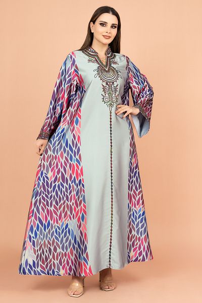 IKKXA Mandarin Collar Embroidered Jalabiya
