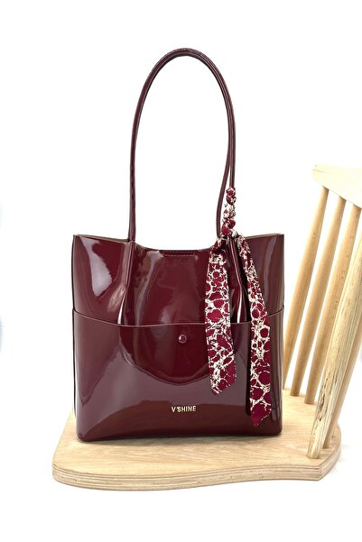 VICTORIA SHINE حقيبة كبيرة الحجم مع جيب أمامي كبير 3097 جلد عنابي لامع