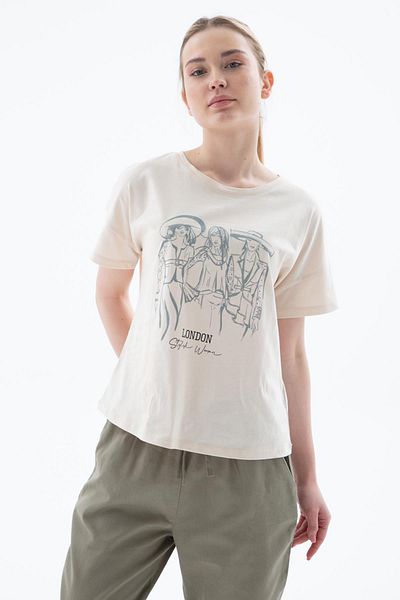 Fashion Friends Μπλούζα με στάμπα 100% βαμβακερή μπεζ