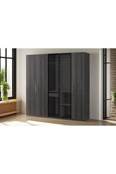 Vivense PANDOR NOX CAMLI GARDIROP, KOYU CEVİZ, 5 KAPAKLI