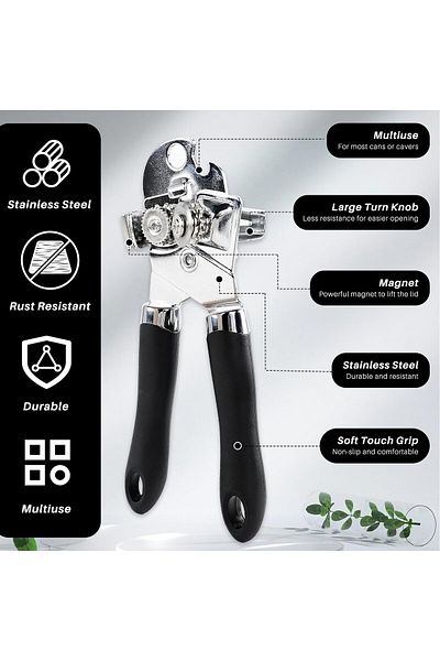 COOYA Stainless Steel 3-in-1 Can Opener, Measuring Spoon Sealing Clip, for Elderly, Arthritic, Left Hands