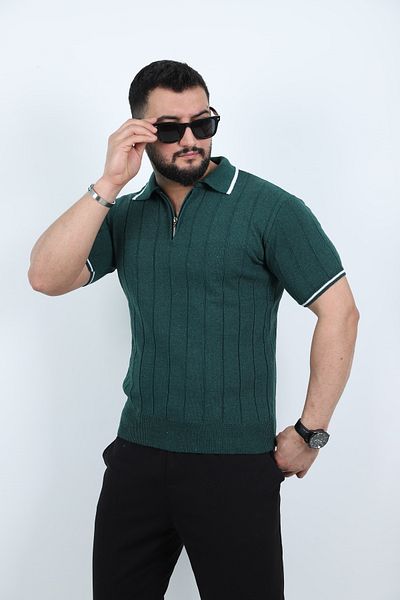 Trendseninle Tricou tricotat verde cu jumătate de fermoar, guler polo, tricot simplu