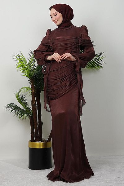 GİYZAMİLA Βραδινό φόρεμα με λεπτομέρεια Dark Dusty Rose Mesh