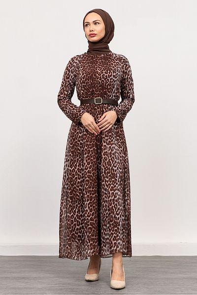 Bestenur Φόρεμα σιφόν Leopard Pattern 1350 - Καφέ