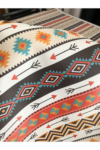 KumaşEvi Aztec Rug Patterned Faux Leather |   For Upholstery, Bags and Decorative Use (1 m)
