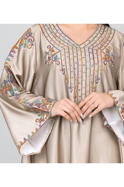IKKXA Floral Printed Crystal Embroidery Jalabiya