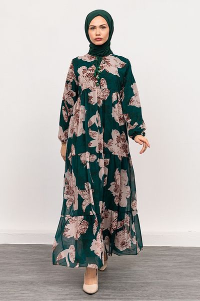 Bestenur Φόρεμα σιφόν με λουλούδια 1351 - Emerald Green