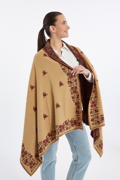 panşalço Camel Rose Model Oversize Shoulder Shawl - Knitwear Women's Mother Shawl 75X180 cm