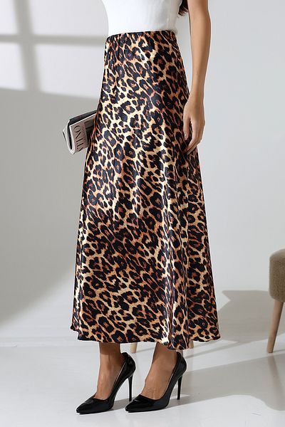 COCOCİX Women's Leopard Print Viscose Satin Fabric Midi Length Skirt