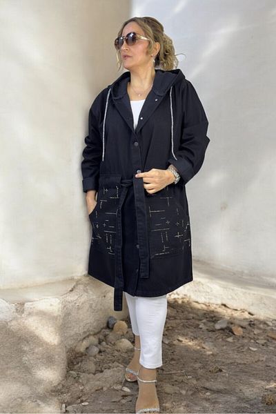 yagmurberen Hooded Metal Button Closure Pockets Stone Decoration with Belt Plus Size Jeans Jacket