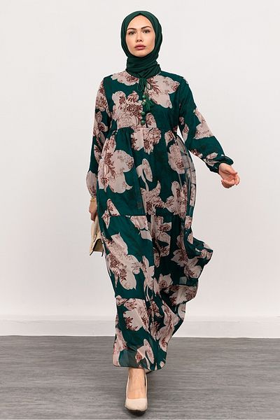 Bestenur Φόρεμα σιφόν με λουλούδια 1351 - Emerald Green