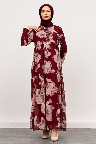 Bestenur Flower Pattern Chiffon Dress 1351 - Burgundy