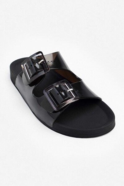 NİŞANTAŞI SHOES Marlowe Transparent Black Double Buckle Detail Flat Sole Women's Slippers