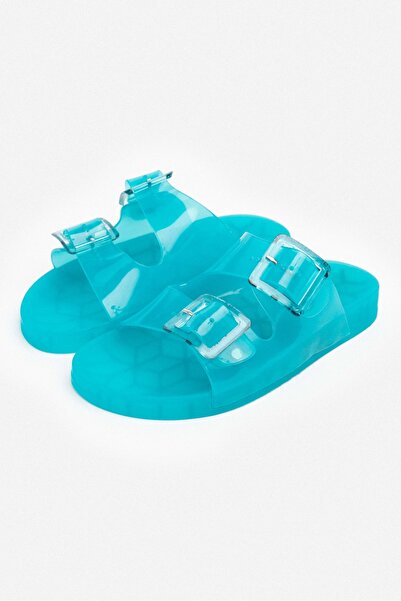 NİŞANTAŞI SHOES Marlowe Transparent Turquoise Double Buckle Detail Flat Sole Women's Slippers