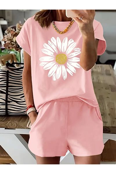 PENTHİLUS 2 Piece Set Floral Print Short Sleeve T-Shirt and Shorts