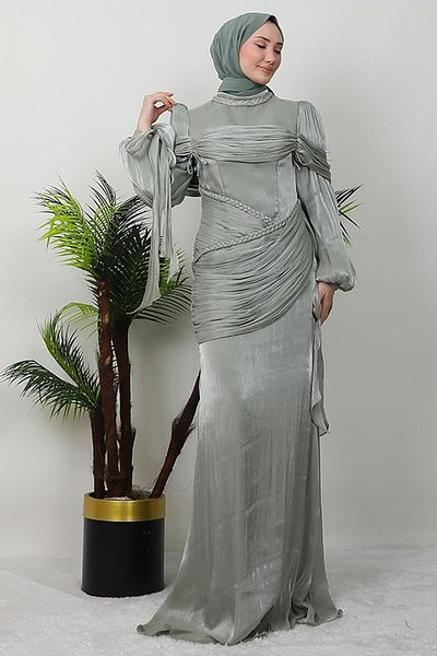 GİYZAMİLA Light Mint Mesh Detail Evening Dress