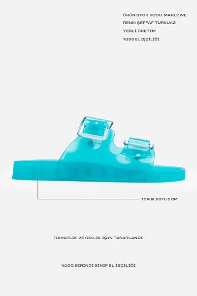 NİŞANTAŞI SHOES Marlowe átlátszó türkiz dupla csatos részlet lapos talpú női papucs