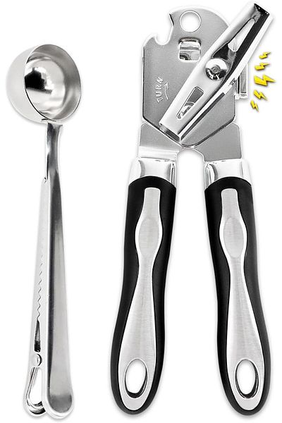 COOYA Stainless Steel 3-in-1 Can Opener, Measuring Spoon Sealing Clip, for Elderly, Arthritic, Left Hands