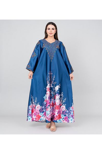IKKXA Floral Printed Crystal Embroidery Jalabiya