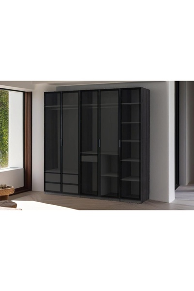 Vivense PANDOR NOX CAM GARDIROP, KOYU CEVİZ, 5 KAPAKLI