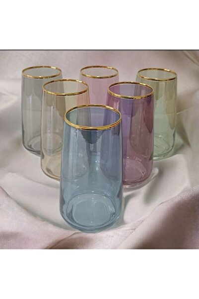 P H Panayır Home Set of 6 Colorful Gilded Glass Soft Drink Glasses Set Water ...