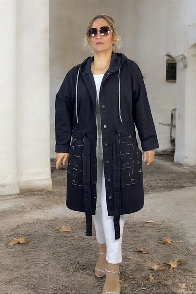 yagmurberen Hooded Metal Button Closure Pockets Stone Decoration with Belt Plus Size Jeans Jacket