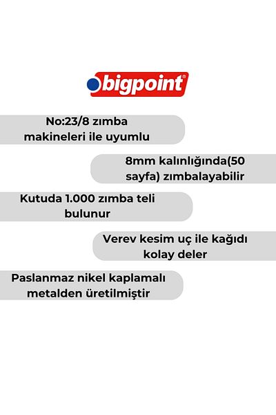 Bigpoint |   رقم الدبابيس للدباسة: 23/8، 1000 قطعة، مناسبة للدباسة حتى 50 ورقة