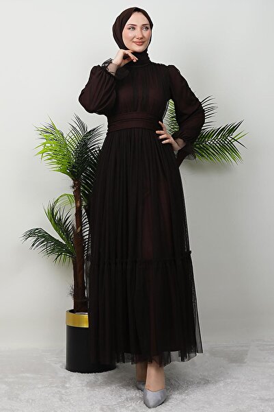 GİYZAMİLA Kuşaklı Fırfırlı Tül Elbise Acı Kahve