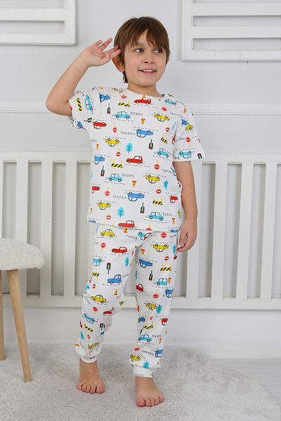 ZUZUNGA Kids Pajama Set with Colorful Cars Pattern - Short Sleeve and Top