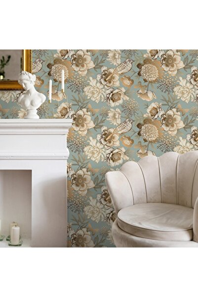 MORDENTE HOME SOFT YEŞİL ÇİÇEKLİ VE KUŞLU DUVAR KAĞIDI (İSTENİLEN ÖLÇÜDE ÜRET...