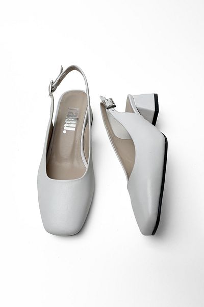 RABU White Women's Genuine Leather Blunt Toe Open Back Short Heeled Shoes