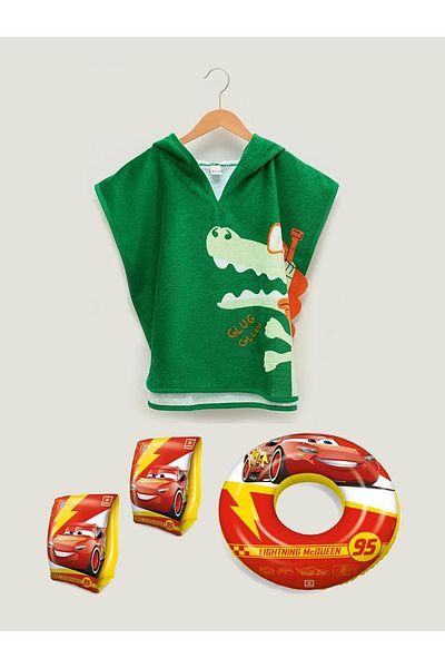 Yeşil Oyuncak (Age 3-5) Children's Poncho & Beach Towel Set - Hooded Sleeves, Simit & Mcqueen