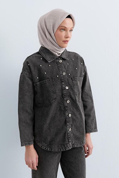 Nihan Parlak Taş Aksesuarlı Kot Gömlek Denim Ceket Siyah