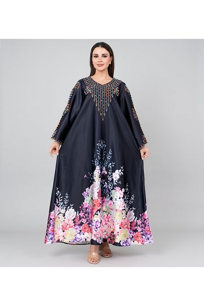 IKKXA Floral Printed Crystal Embroidery Jalabiya