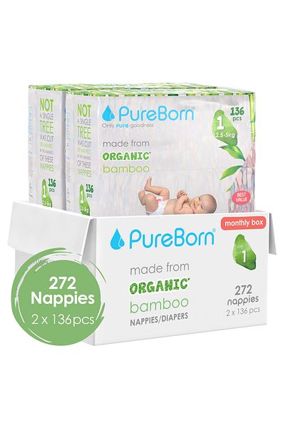 PUREBORN Size-1 Organic Diapers upto 5kgs Bundle Pack 272's Assorted