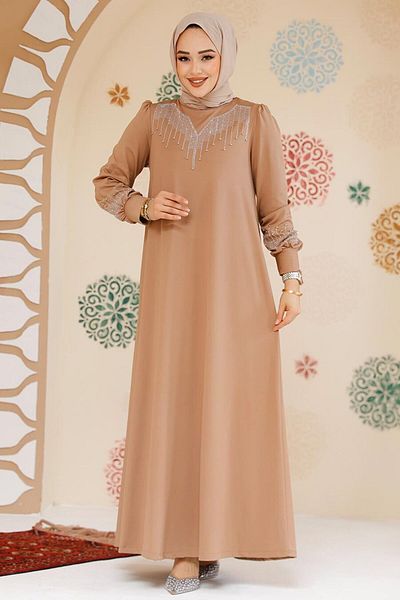 Neva Style Rochie Hijab Biscuit Brodată cu margele 23815BS