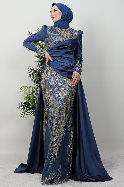 KAWEL فستان سهرة بعباءة من النيلي الداكن