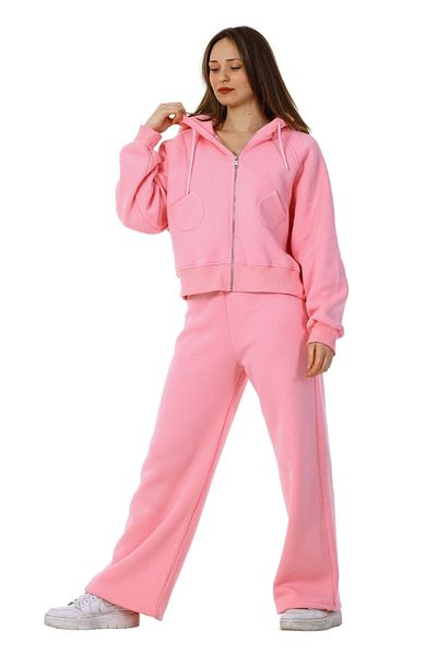 Tam12den Home Σετ αθλητική φόρμα Cotton Palazzo - Φερμουάρ με καπάκι και πόδι, ροζ