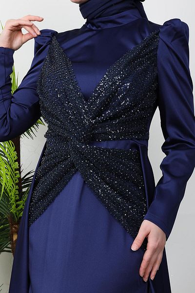 GİYZAMİLA Navy Blue Satin Butterfly Evening Dress