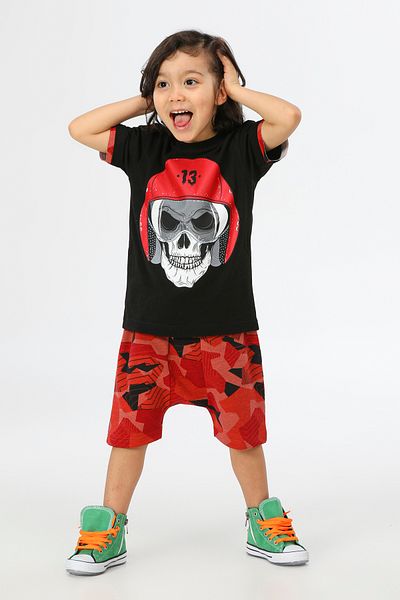 LupiaKids Skull Printed 2-Piece Shorts Set - 100% Cotton - Black Short Sleeve T-Shirt & Red Patterned Shorts