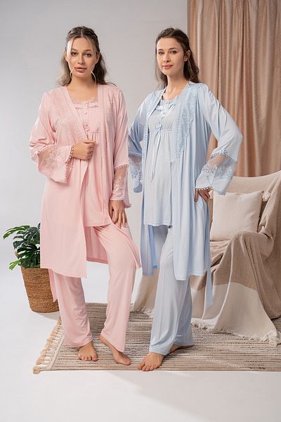LOHOUSE Set de pijamale de maternitate pentru maternitate, albastru, cu design special din dantela, 3 piese