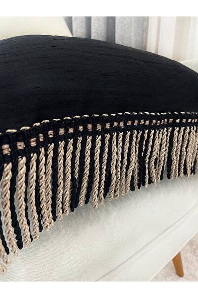 Brillant SİYAH Renk Püsküllü -  İpek Tafta Kırlent Yastık Kılıfı  (45X45)