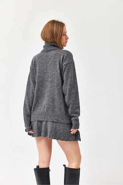 CALİENTE Turtleneck Skirted Knitwear Bottom Top Set Smoked