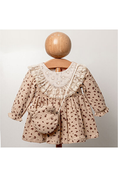 cskticaret Leopar Desenli Çantalı Anne Kız Bebek Elbise Takımı