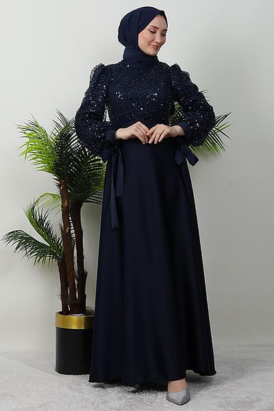 GİYZAMİLA Sequin Sequin Detail Satin Evening Dress Navy Blue