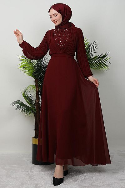 GİYZAMİLA Burgundy Chiffon Dress