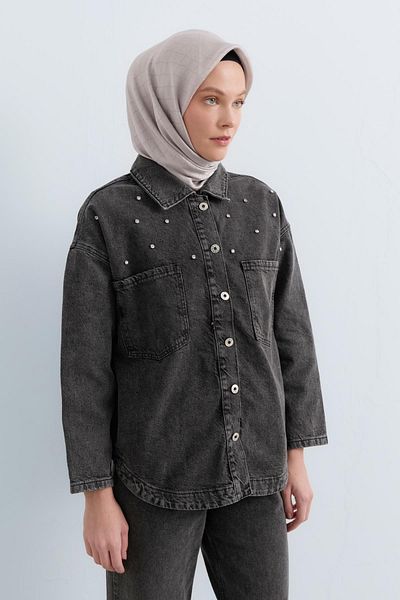 Nihan Black Crop Denim Jacket with Shiny Stone Accessories