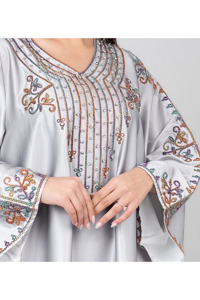 IKKXA Floral Printed Crystal Embroidery Jalabiya